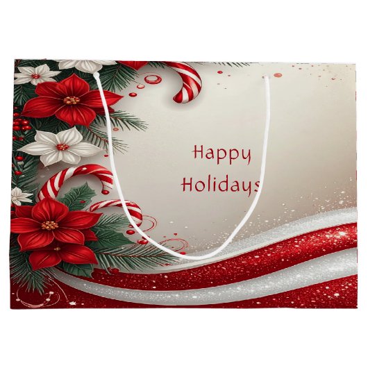 Kerst Floral Candy Canes Vakantie Gift Bag Groot Cadeauzakje (Achterkant)