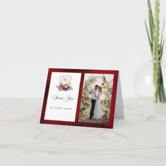 Kerst Floral Crest Monogram Foto Huwelijk Bedankkaart (Voorkant)
