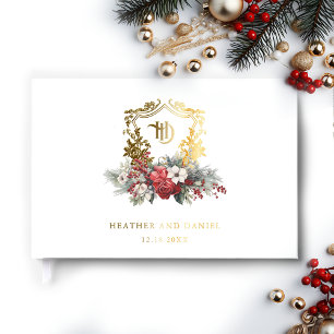 Kerst Floral Crest Monogram Huwelijk Gastenboek