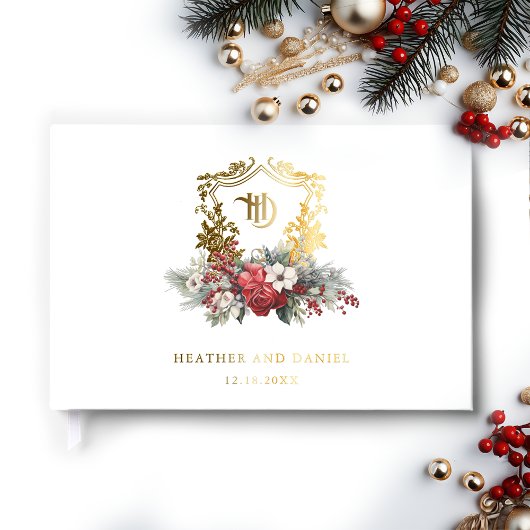 Kerst Floral Crest Monogram Huwelijk Gastenboek