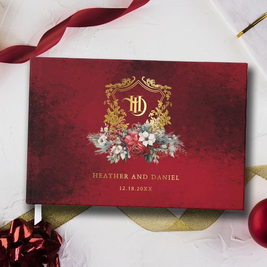 Kerst Floral Crest Monogram Huwelijk Gastenboek