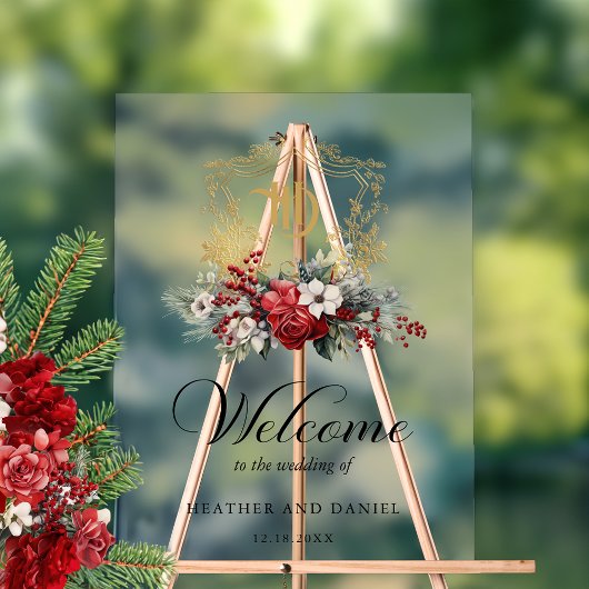 Kerst Floral Crest Monogram Huwelijk Welkom Acryl Bord