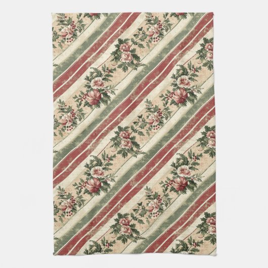 Kerst Florale Gestreepte Vintage (7) Theedoek (Verticaal)