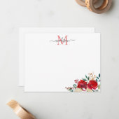 Kerst Florale Rode Bessen Hulst Monogram Notitiekaartje (Voorkant / Achterkant in situ)