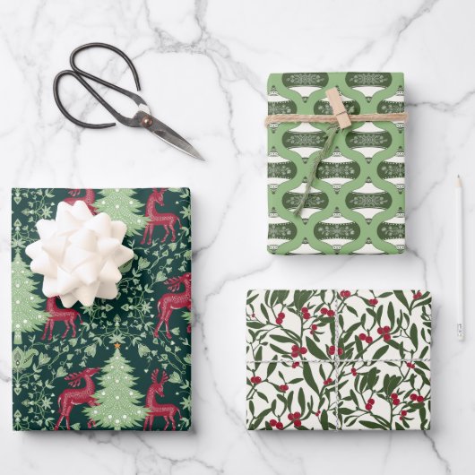 Kerst Folk Art Rendieren, Ornamenten, Mistletoe Inpakpapier Vel (Voorkant)