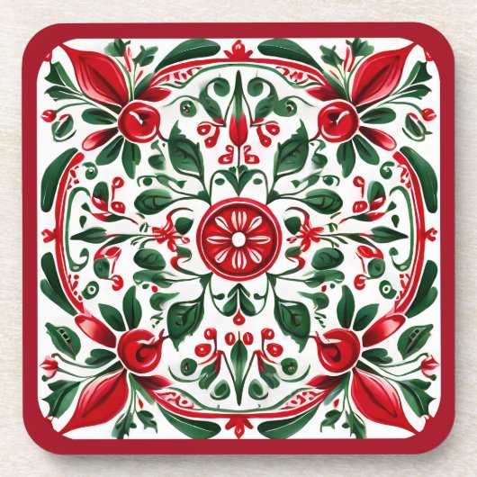 Kerst Folk-art rood en groen onderzetter (Voorkant)