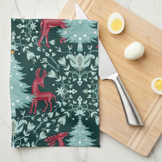 Kerst Folk Art Rood rendier en boom Theedoek (Quarter Fold)