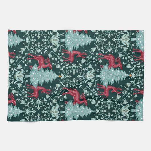 Kerst Folk Art Rood rendier en boom Theedoek (Horizontaal)