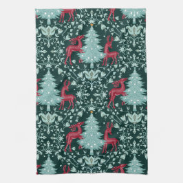 Kerst Folk Art Rood rendier en boom Theedoek