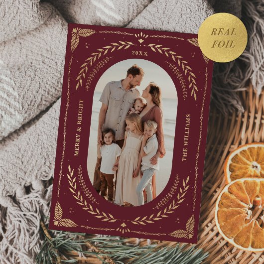 Kerst Folk Art Vakantie Foto Maroon Goud Folie Uitnodiging