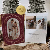 Kerst Folk Art Vakantie Foto Maroon Goud Folie Uitnodiging