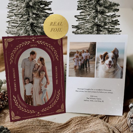 Kerst Folk Art Vakantie Foto Maroon Goud Folie Uitnodiging