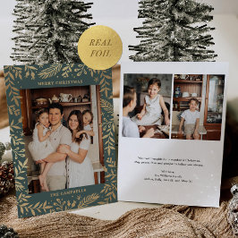 Kerst Folk Bloemen Foto Groen Goud Folie Feestdagenkaart