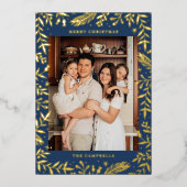 Kerst Folk Bloemen Foto Marine Blauw Goud Folie Feestdagenkaart (Voorkant)