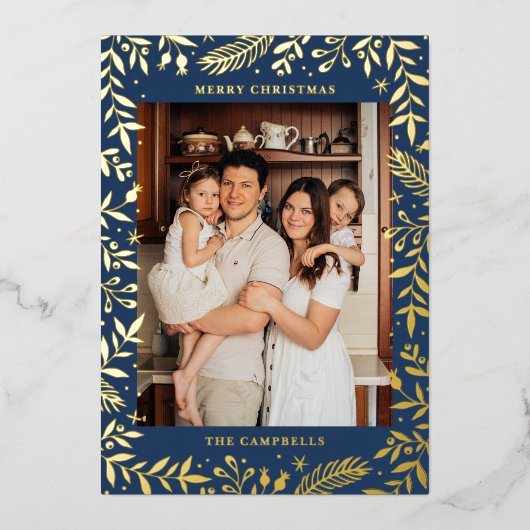 Kerst Folk Bloemen Foto Marine Blauw Goud Folie Feestdagenkaart (Voorkant)