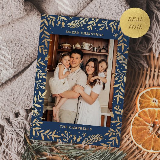 Kerst Folk Bloemen Foto Marine Blauw Goud Folie Feestdagenkaart