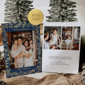 Kerst Folk Bloemen Foto Marine Blauw Goud Folie Feestdagenkaart