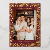 Kerst Folk Bloemen Foto Merlot Gold Folie Feestdagenkaart (Voorkant)