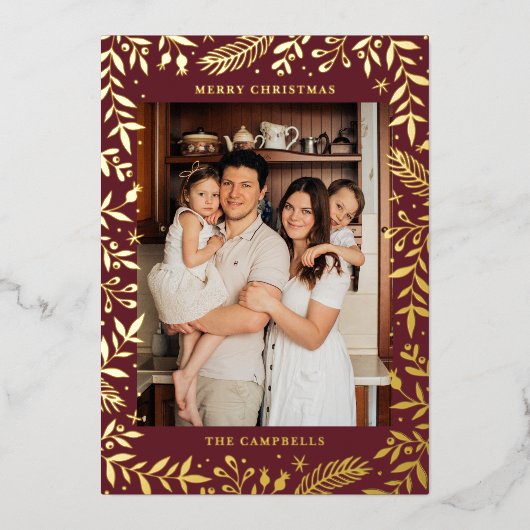 Kerst Folk Bloemen Foto Merlot Gold Folie Feestdagenkaart (Voorkant)