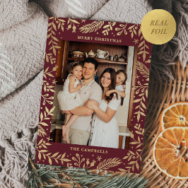 Kerst Folk Bloemen Foto Merlot Gold Folie Feestdagenkaart