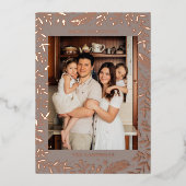 Kerst Folk Bloemen Foto Taupe Roos Goud Folie Feestdagenkaart (Voorkant)