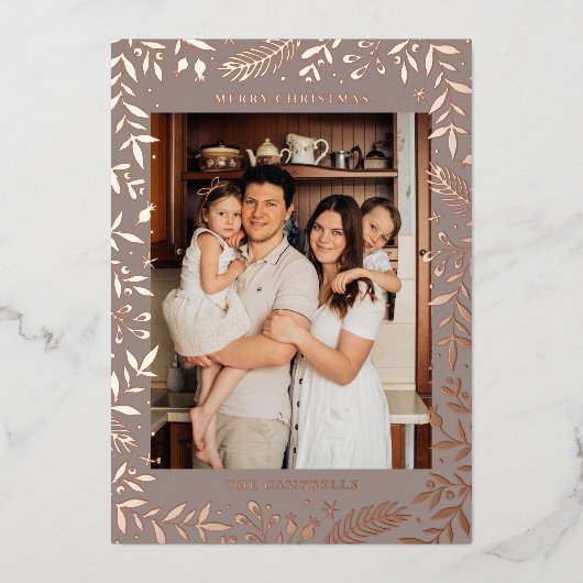 Kerst Folk Bloemen Foto Taupe Roos Goud Folie Feestdagenkaart (Voorkant)