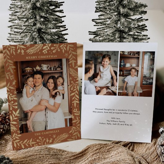 Kerst Folk Bloemen Foto Terracotta Goud Folie Feestdagenkaart