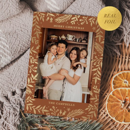 Kerst Folk Bloemen Foto Terracotta Goud Folie Feestdagenkaart