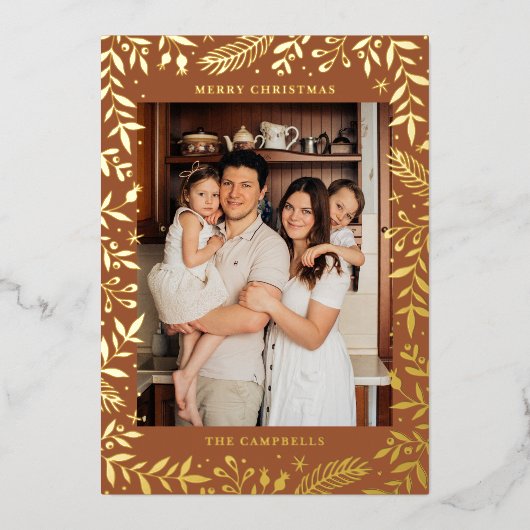 Kerst Folk Bloemen Foto Terracotta Goud Folie Feestdagenkaart (Voorkant)