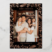 Kerst Folk Bloemen Foto Zwart & Roos Goud Folie Feestdagenkaart (Voorkant)