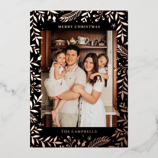 Kerst Folk Bloemen Foto Zwart & Roos Goud Folie Feestdagenkaart (Voorkant)