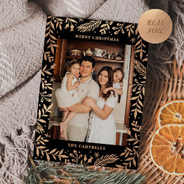 Kerst Folk Bloemen Foto Zwart & Roos Goud Folie Feestdagenkaart