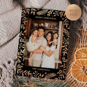 Kerst Folk Bloemen Foto Zwart & Roos Goud Folie Feestdagenkaart