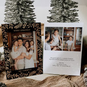 Kerst Folk Bloemen Foto Zwart & Roos Goud Folie Feestdagenkaart