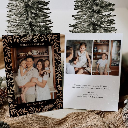 Kerst Folk Bloemen Foto Zwart & Roos Goud Folie Feestdagenkaart