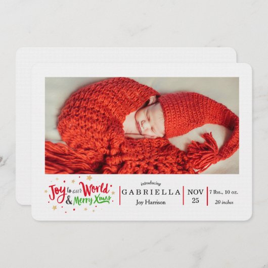 Kerst foto aankondiging geboorte wereldvreugde (Voorkant / Achterkant)