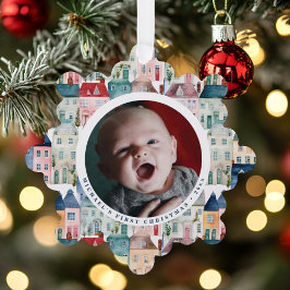 Kerst Foto Blauwe Feestelijke Huizen Vakantie Ornament Kaart