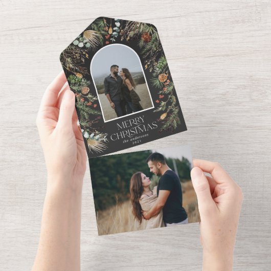 Kerst foto boog waterverf botanische bloemen all in one uitnodiging (Afscheurbaar)