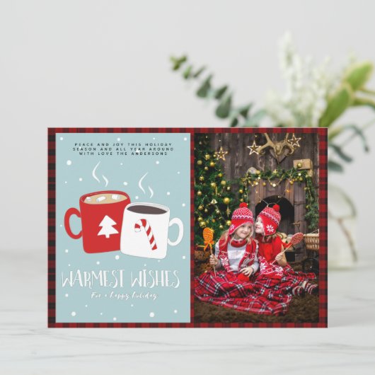 Kerst foto buffel plaid modern folk art hete choco kaart (Staand voorkant)