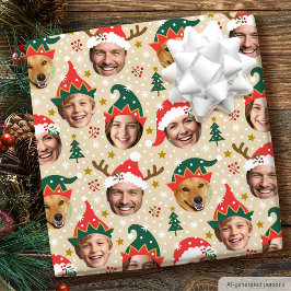 Kerst Foto Collage Festive Grappige Gezicht Beige Cadeaupapier