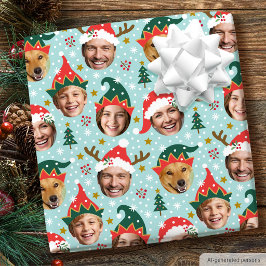 Kerst Foto Collage Festive Grappige Gezicht Blauw Cadeaupapier