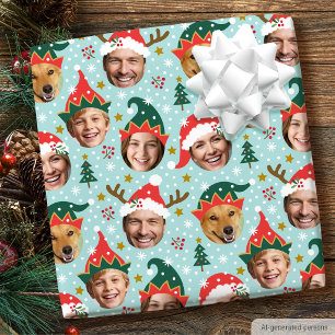 Kerst Foto Collage Festive Grappige Gezicht Blauw Cadeaupapier