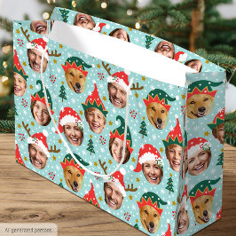 Kerst Foto Collage Festive Grappige Gezicht Blauwe Groot Cadeauzakje