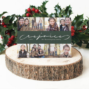 Kerst foto collage groen met het woord 'verblijd' feestdagenkaart
