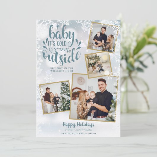 Kerst Foto Collage Schattig Baby Het Is Koud Buite Feestdagenkaart (Staand voorkant)