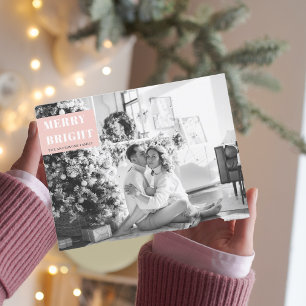 Kerst Foto Familie   Merry Bright   Roze Briefkaart