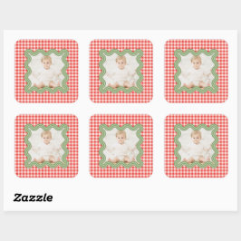 Kerst Foto Golvende Groene Rand Gingham Kerstmis Vierkante Sticker