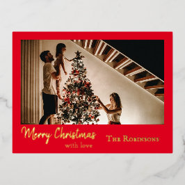 Kerst foto groet Eenvoudig elegant rood goud  Folie Feestdagen Briefkaart