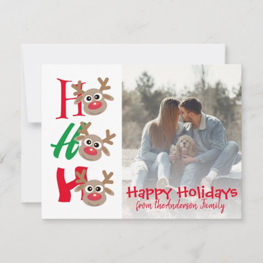 Kerst Foto Ho Ho Ho Cartoon Rendier Wit Feestdagenkaart (Voorkant)
