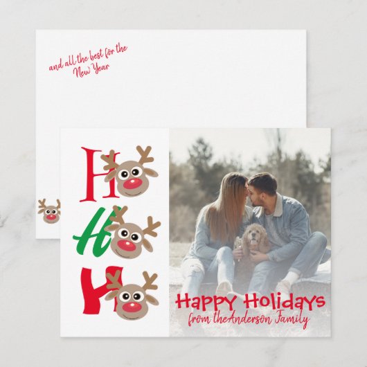 Kerst Foto Ho Ho Ho Cartoon Rendier Wit Feestdagenkaart (Voorkant / Achterkant)